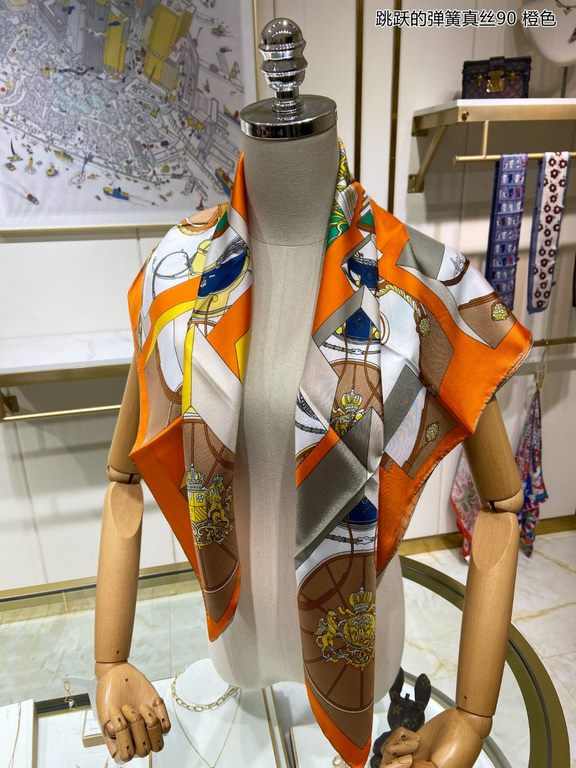 Silk new   bought said good-looking   recommended   [jumping spring silk 90] silk square scarf, the top process value   Hermes counter models     three-dimensional rendering of the pattern pattern in kind grade is extrem