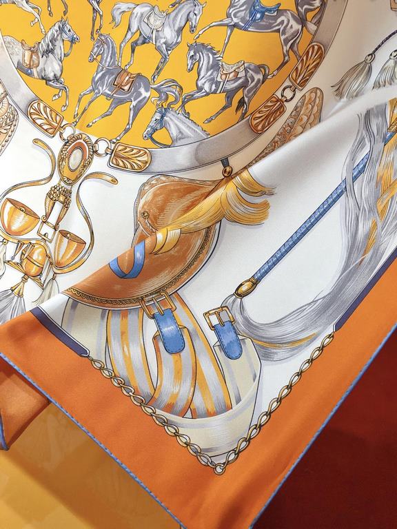 SHMS2272  Hermès [Stallions in Parade] 90cm silk square scarf draws its inspiration from catalog albums of equestrian paraphernalia published in the 19th century to create this image. The colorful objects hover around th