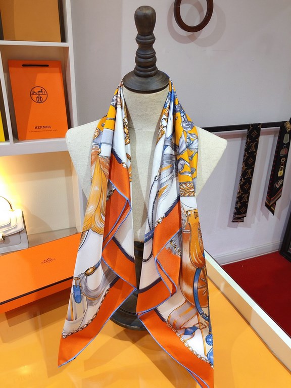 SHMS2272  Hermès [Stallions in Parade] 90cm silk square scarf draws its inspiration from catalog albums of equestrian paraphernalia published in the 19th century to create this image. The colorful objects hover around th