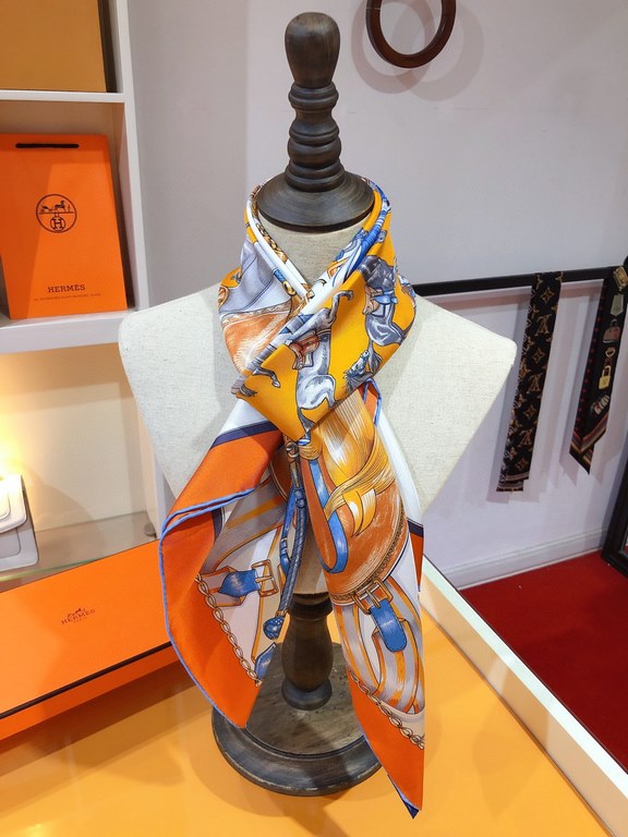 SHMS2272  Hermès [Stallions in Parade] 90cm silk square scarf draws its inspiration from catalog albums of equestrian paraphernalia published in the 19th century to create this image. The colorful objects hover around th