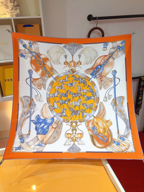 SHMS2272  Hermès [Stallions in Parade] 90cm silk square scarf draws its inspiration from catalog albums of equestrian paraphernalia published in the 19th century to create this image. The colorful objects hover around th