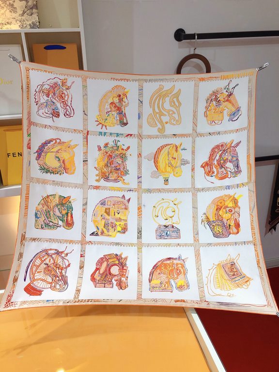 SHMS2316 Original HERMES [Stallion Prism] 90cm Silk Square Scarf  The designer depicted sixteen stallions on the square scarf, combining Hermès' cherished animals with a wide range of leisure activities, meticulously ren