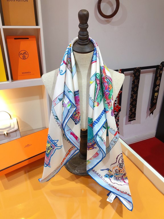 SHMS2316 Original HERMES [Stallion Prism] 90cm Silk Square Scarf  The designer depicted sixteen stallions on the square scarf, combining Hermès' cherished animals with a wide range of leisure activities, meticulously ren