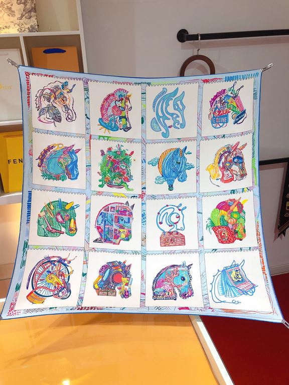 SHMS2316 Original HERMES [Stallion Prism] 90cm Silk Square Scarf  The designer depicted sixteen stallions on the square scarf, combining Hermès' cherished animals with a wide range of leisure activities, meticulously ren