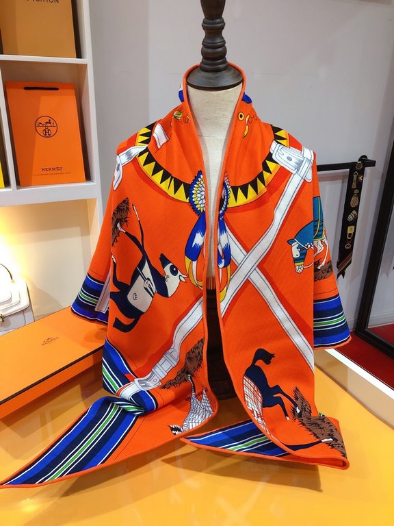 RHMS2286 Hermes [Stallion draped] velvet large triangle scarf, counter synchronization! Leather waterle neatly outlines the steeds, each draped in a shuma blanket labeled with the monogrammed combination of the owner's n