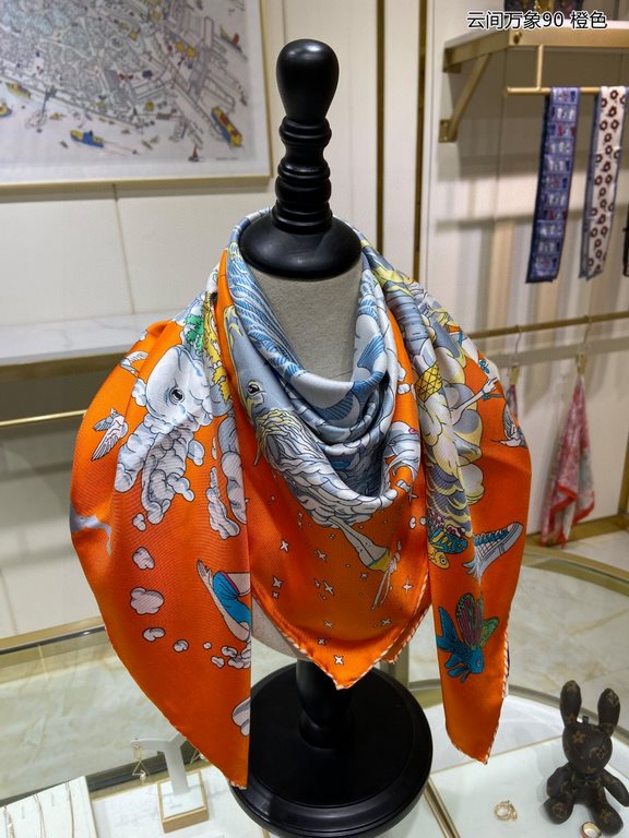 Silk new   bought all said good-looking   recommended   [clouds between the ten thousand elephants 90] silk square scarf, the top craft super value   Hermes counter models     three-dimensional presentation of the patter