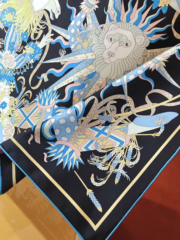 SHMS2271 Hermès [The Coronation of the Kings of the Seasons] 90cm silk square scarf, a lion with a sun-radiated mane of golden spikes, an eagle stealthily hiding behind the autumn leaves, a wolf gently trembling under th