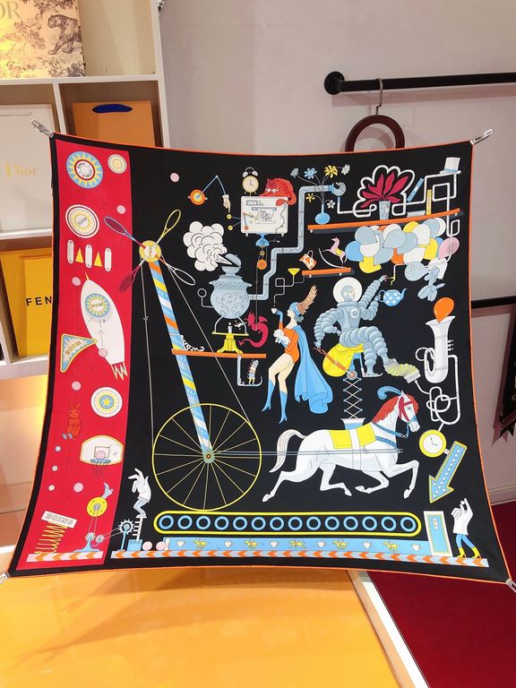 SHMS2305 ORIGINAL HERMES [Afternoon Tea for Two] 90cm Silk Square Scarf  Jonathan Burton's creation of a superheroine needs a cup of Afternoon Tea with magical vitamins in order to continue to work her helmeted winged ma