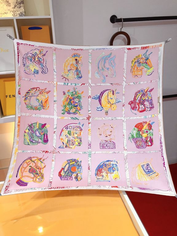 SHMS2316 Original HERMES [Stallion Prism] 90cm Silk Square Scarf  The designer depicted sixteen stallions on the square scarf, combining Hermès' cherished animals with a wide range of leisure activities, meticulously ren