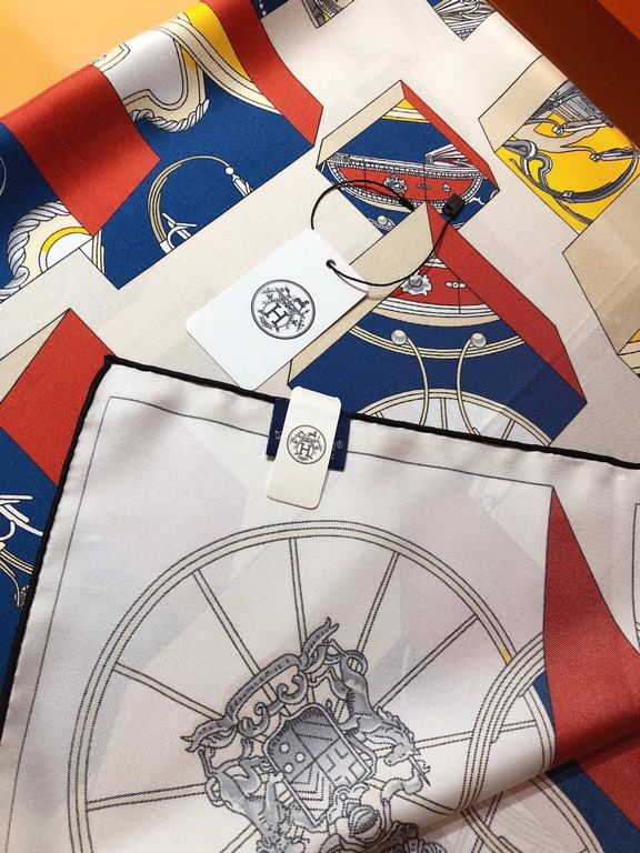 SHMS2326 ORIGINAL HERMES [JUMPING SPRINGS] 90cm Silk Square Scarf  This is a bold interpretation of the classic spring motif, with all the decorative details of the carriage - bees, Knights of the Grand Cross of the Legi