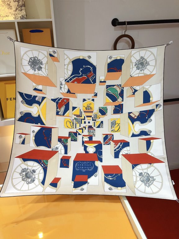 SHMS2326 ORIGINAL HERMES [JUMPING SPRINGS] 90cm Silk Square Scarf  This is a bold interpretation of the classic spring motif, with all the decorative details of the carriage - bees, Knights of the Grand Cross of the Legi