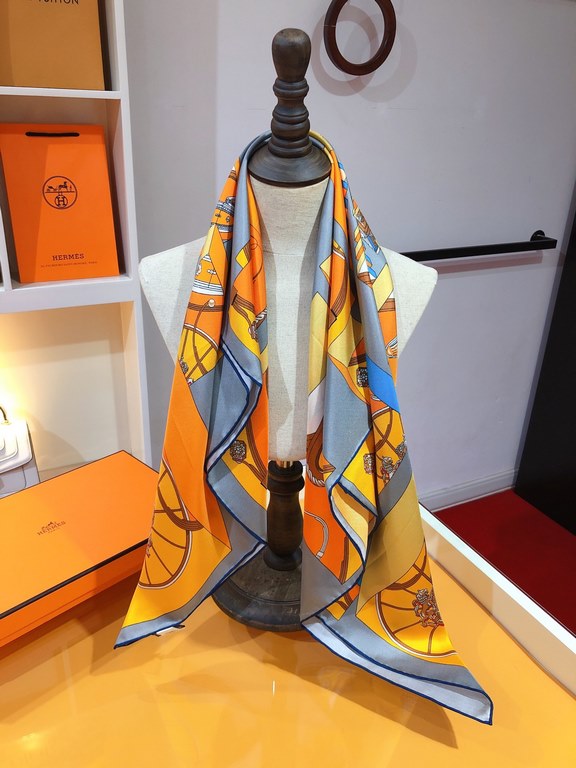 SHMS2326 ORIGINAL HERMES [JUMPING SPRINGS] 90cm Silk Square Scarf  This is a bold interpretation of the classic spring motif, with all the decorative details of the carriage - bees, Knights of the Grand Cross of the Legi