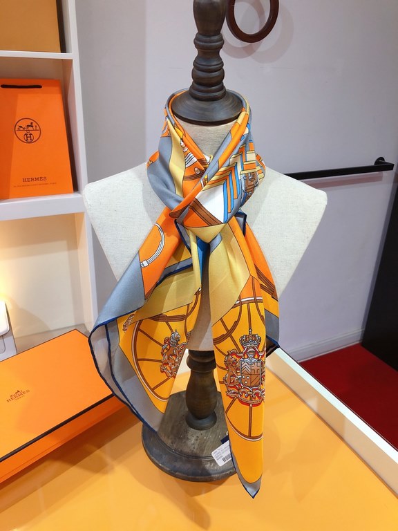 SHMS2326 ORIGINAL HERMES [JUMPING SPRINGS] 90cm Silk Square Scarf  This is a bold interpretation of the classic spring motif, with all the decorative details of the carriage - bees, Knights of the Grand Cross of the Legi