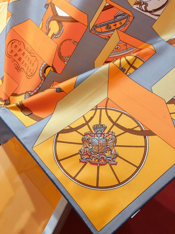 SHMS2326 ORIGINAL HERMES [JUMPING SPRINGS] 90cm Silk Square Scarf  This is a bold interpretation of the classic spring motif, with all the decorative details of the carriage - bees, Knights of the Grand Cross of the Legi