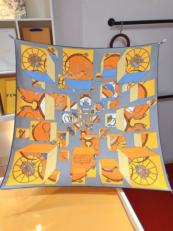 SHMS2326 ORIGINAL HERMES [JUMPING SPRINGS] 90cm Silk Square Scarf  This is a bold interpretation of the classic spring motif, with all the decorative details of the carriage - bees, Knights of the Grand Cross of the Legi