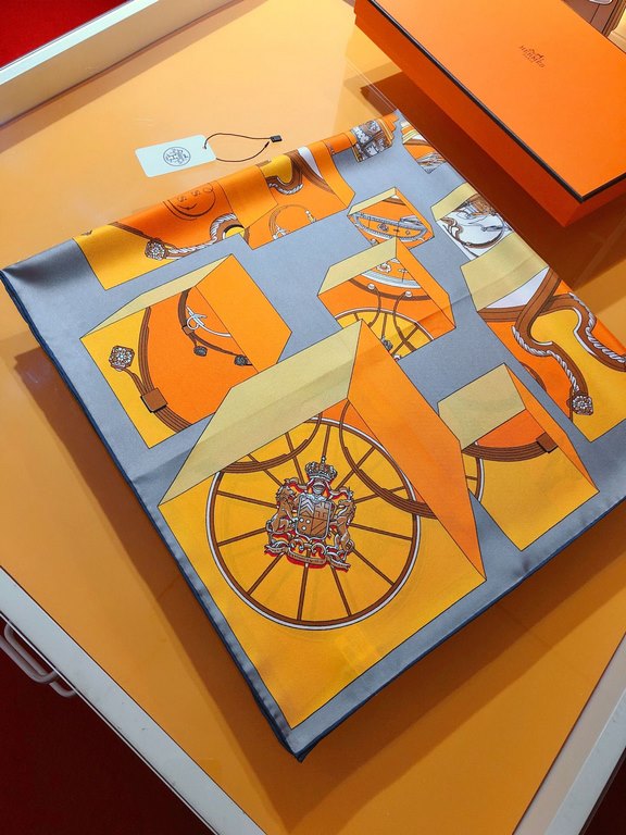 SHMS2326 ORIGINAL HERMES [JUMPING SPRINGS] 90cm Silk Square Scarf  This is a bold interpretation of the classic spring motif, with all the decorative details of the carriage - bees, Knights of the Grand Cross of the Legi