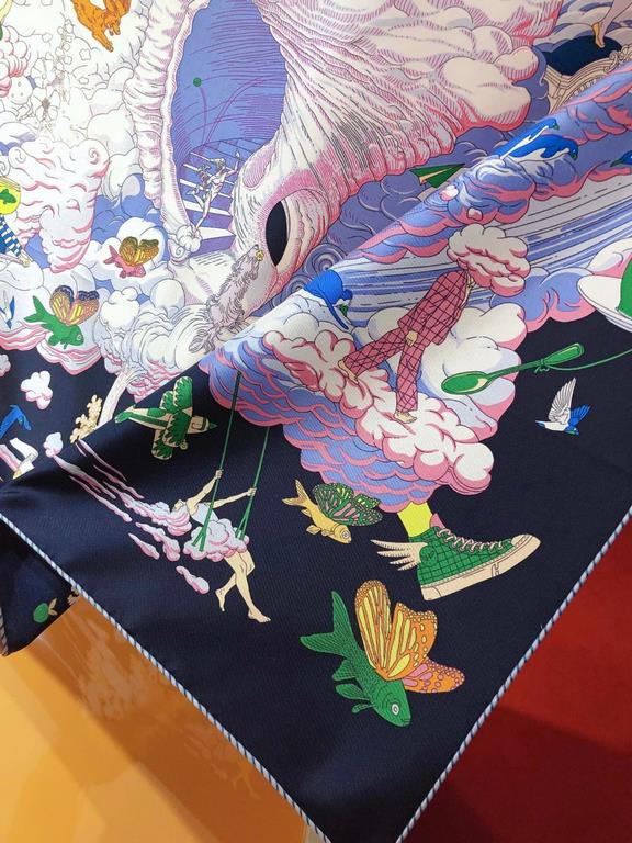 SHMS2278 Hermes [My Everything Among the Clouds] 90cm Silk Square Scarf, Is that a fish with butterfly wings Is that a carrot growing in the sky The two rabbits discuss these questions passionately, surrounded by a spiri