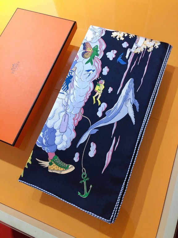 SHMS2278 Hermes [My Everything Among the Clouds] 90cm Silk Square Scarf, Is that a fish with butterfly wings Is that a carrot growing in the sky The two rabbits discuss these questions passionately, surrounded by a spiri