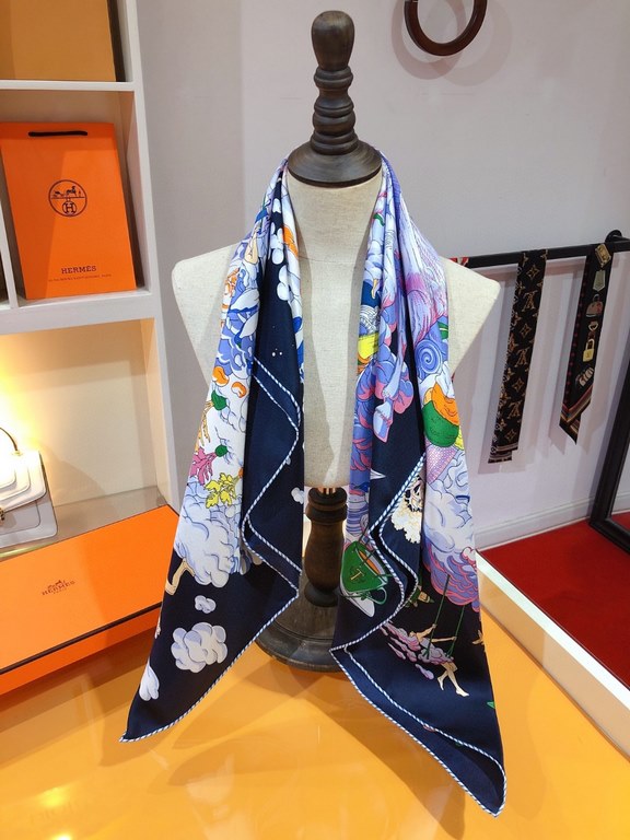 SHMS2278 Hermes [My Everything Among the Clouds] 90cm Silk Square Scarf, Is that a fish with butterfly wings Is that a carrot growing in the sky The two rabbits discuss these questions passionately, surrounded by a spiri