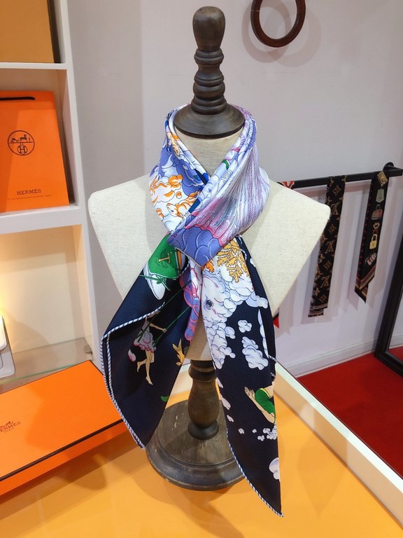 SHMS2278 Hermes [My Everything Among the Clouds] 90cm Silk Square Scarf, Is that a fish with butterfly wings Is that a carrot growing in the sky The two rabbits discuss these questions passionately, surrounded by a spiri