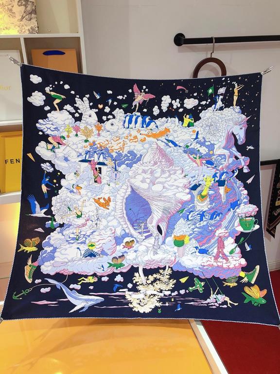 SHMS2278 Hermes [My Everything Among the Clouds] 90cm Silk Square Scarf, Is that a fish with butterfly wings Is that a carrot growing in the sky The two rabbits discuss these questions passionately, surrounded by a spiri