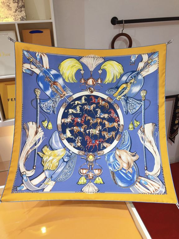 SHMS2272  Hermès [Stallions in Parade] 90cm silk square scarf draws its inspiration from catalog albums of equestrian paraphernalia published in the 19th century to create this image. The colorful objects hover around th