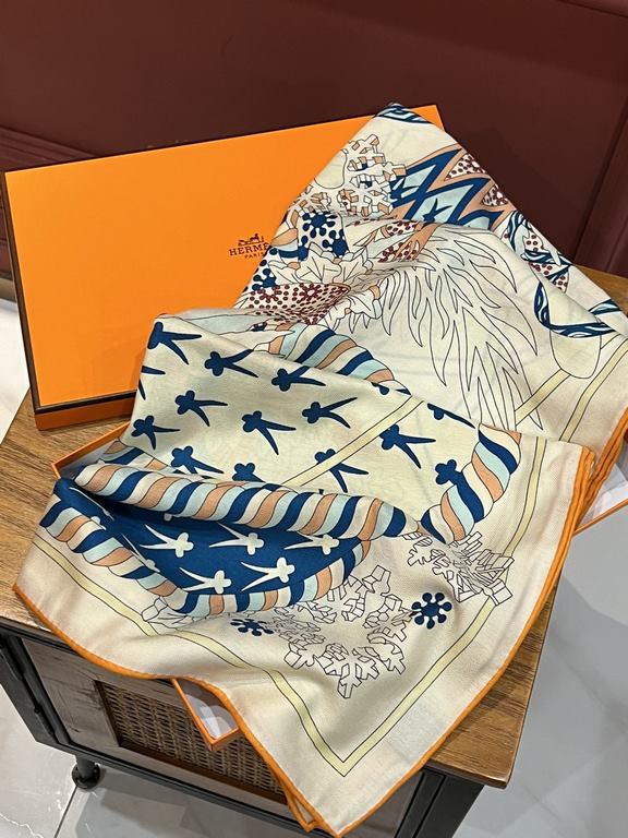 New Hermes four seasons king of the coronation 140  140cm, double-sided same color printing, high-end heavyweight silk cashmere fabric, front and back effect is the same, 70% cashmere   30% silk, two colors in stock!A li