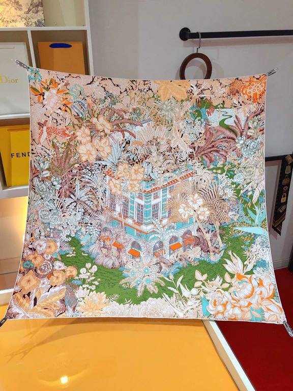 SHMS2232   Hermès [Tropical Jungle Edition Foppel] 90cm Silk Square Scarf   The first Hermès boutique was opened in 1880 on the Avenue Foppel in Paris, housed in a modest mansion with saddle-making workshops and a privat