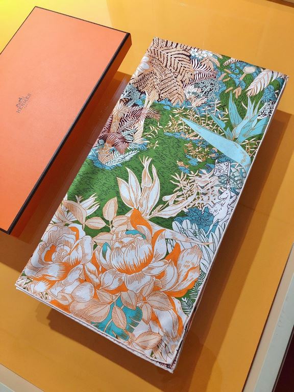 SHMS2232   Hermès [Tropical Jungle Edition Foppel] 90cm Silk Square Scarf   The first Hermès boutique was opened in 1880 on the Avenue Foppel in Paris, housed in a modest mansion with saddle-making workshops and a privat