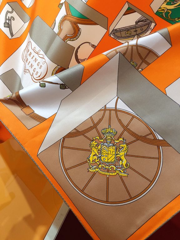 SHMS2326 ORIGINAL HERMES [JUMPING SPRINGS] 90cm Silk Square Scarf  This is a bold interpretation of the classic spring motif, with all the decorative details of the carriage - bees, Knights of the Grand Cross of the Legi