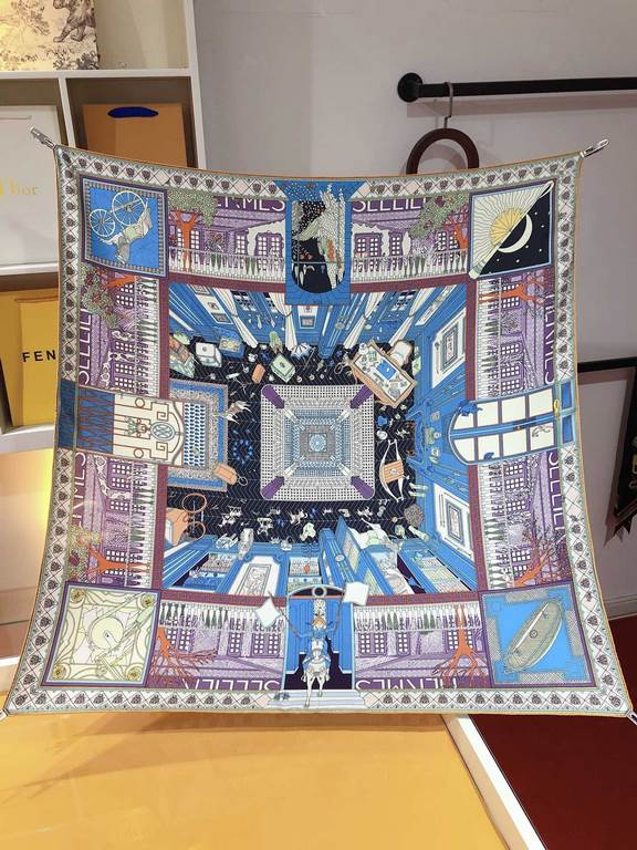 SHMS2308 Hermes [Curiosities] 90cm silk square scarf, the Knight of Hermes Fireworks invites us to cross the threshold of the building, topped by a fragrant garden. Open a wonderful static journey ...... Inside, a goat c