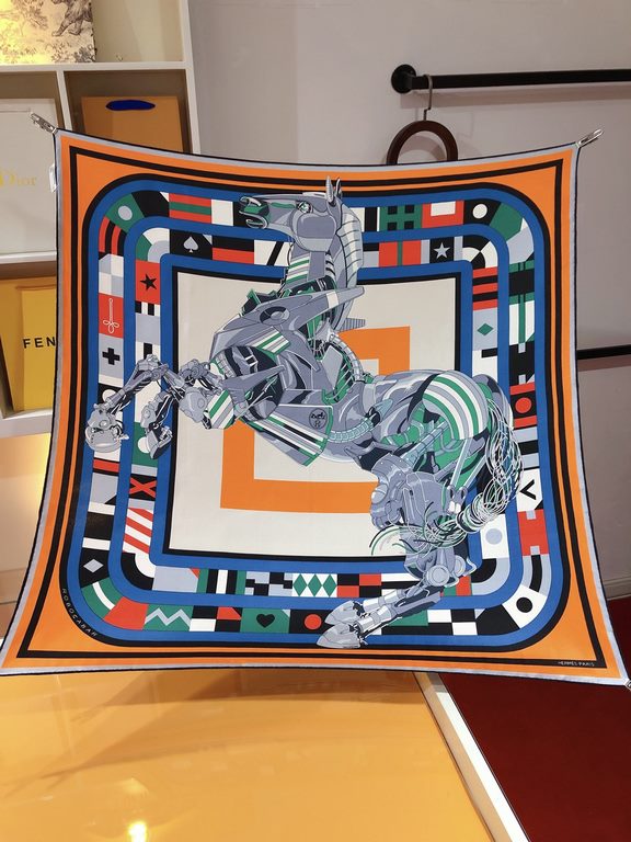 SHMS2337 Original HERMES [Mechanical Lekopo] 90cm Silk Square Towel  Obviously, the Mechanical Lekopo is a steed with a difference. It resembles the hero of a Japanese anime, leaving the familiar stables and entering a d