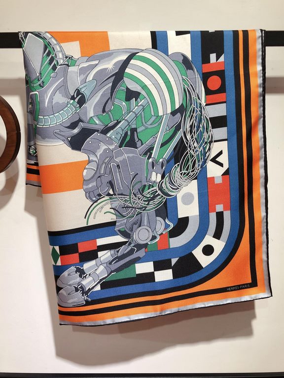 SHMS2337 Original HERMES [Mechanical Lekopo] 90cm Silk Square Towel  Obviously, the Mechanical Lekopo is a steed with a difference. It resembles the hero of a Japanese anime, leaving the familiar stables and entering a d