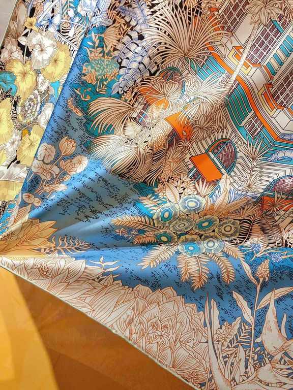 SHMS2232   Hermès [Tropical Jungle Edition Foppel] 90cm Silk Square Scarf   The first Hermès boutique was opened in 1880 on the Avenue Foppel in Paris, housed in a modest mansion with saddle-making workshops and a privat