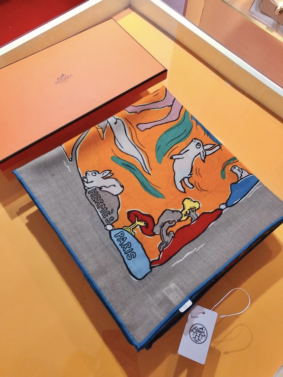 RHMS23115Original Hermès [One Thousand and One Rabbits] 140cm Velvet Square Scarf  Hermès silk scarves are an infinite source of creativity and artwork storytelling, with new designs and color combinations being introduc