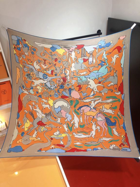 RHMS23115Original Hermès [One Thousand and One Rabbits] 140cm Velvet Square Scarf  Hermès silk scarves are an infinite source of creativity and artwork storytelling, with new designs and color combinations being introduc