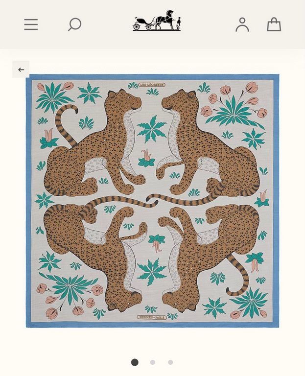 SHMS2220  Original Hermès [Leopards in Pairs] 90cm Silk Square Scarf   The charming Leopards in Pairs motif, originally designed for beach towels, exudes simplicity, dynamism and geometric beauty. The simple lines of the