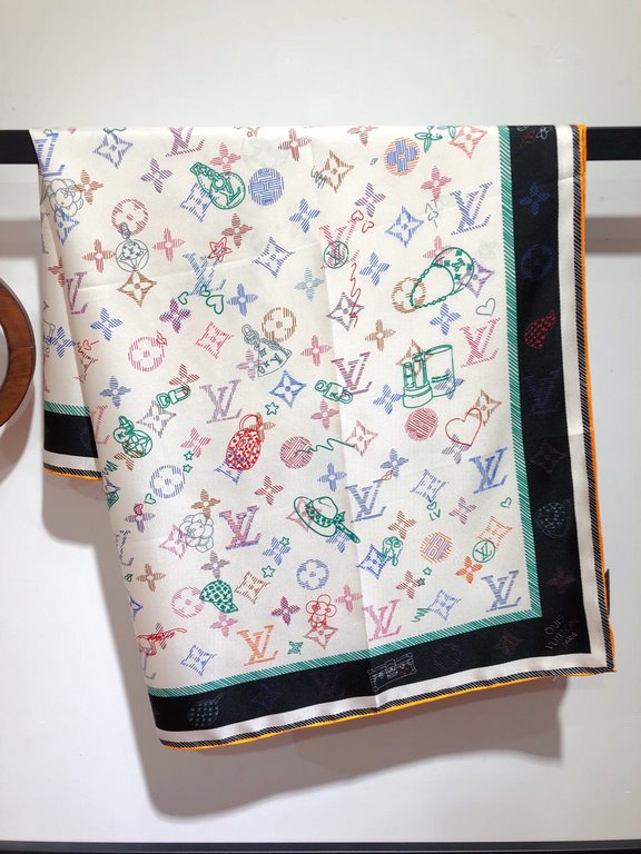 SLV2335 Original Lv [WISHLIST] Square Scarf 90cm Edition, the square scarf becomes an exhibition space for Louis Vuitton's iconic creations, depicting the brand's handbags, hard cases and accessories motifs in a silk-scr