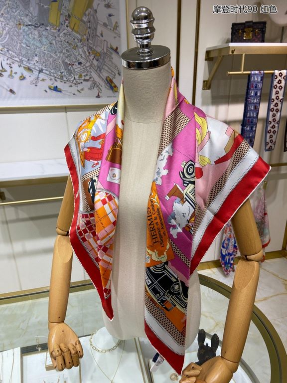 Silk new   bought said good-looking   recommended   [Modern Times 90] silk square scarf, the top process value   Hermes counter models     three-dimensional rendering of the pattern pattern in kind grade is extremely hig