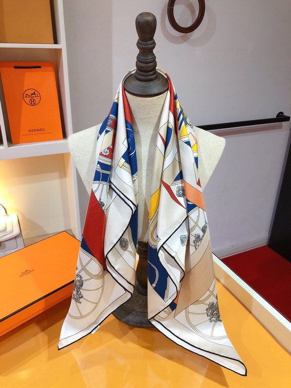 SHMS2326 ORIGINAL HERMES [JUMPING SPRINGS] 90cm Silk Square Scarf  This is a bold interpretation of the classic spring motif, with all the decorative details of the carriage - bees, Knights of the Grand Cross of the Legi