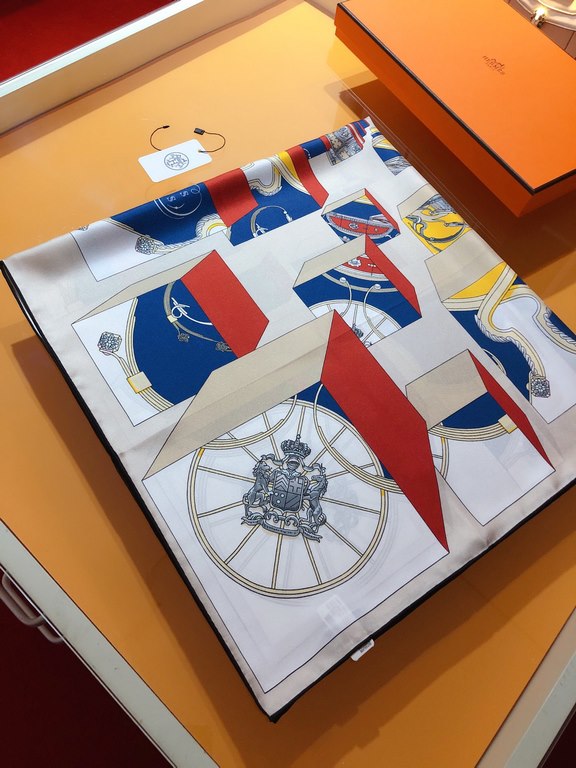 SHMS2326 ORIGINAL HERMES [JUMPING SPRINGS] 90cm Silk Square Scarf  This is a bold interpretation of the classic spring motif, with all the decorative details of the carriage - bees, Knights of the Grand Cross of the Legi