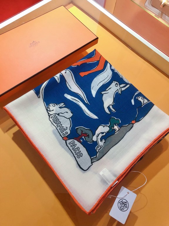 RHMS23115Original Hermès [One Thousand and One Rabbits] 140cm Velvet Square Scarf  Hermès silk scarves are an infinite source of creativity and artwork storytelling, with new designs and color combinations being introduc