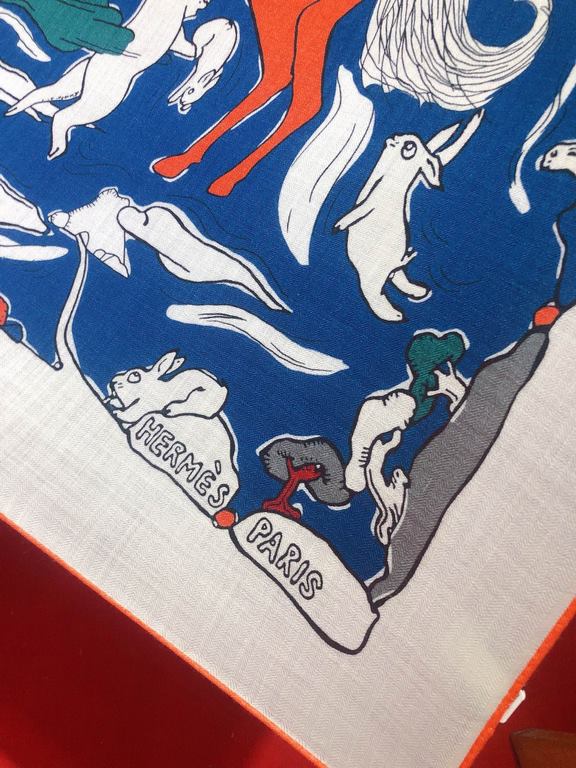 RHMS23115Original Hermès [One Thousand and One Rabbits] 140cm Velvet Square Scarf  Hermès silk scarves are an infinite source of creativity and artwork storytelling, with new designs and color combinations being introduc