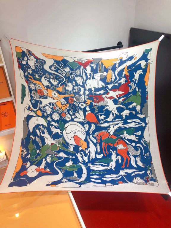 RHMS23115Original Hermès [One Thousand and One Rabbits] 140cm Velvet Square Scarf  Hermès silk scarves are an infinite source of creativity and artwork storytelling, with new designs and color combinations being introduc