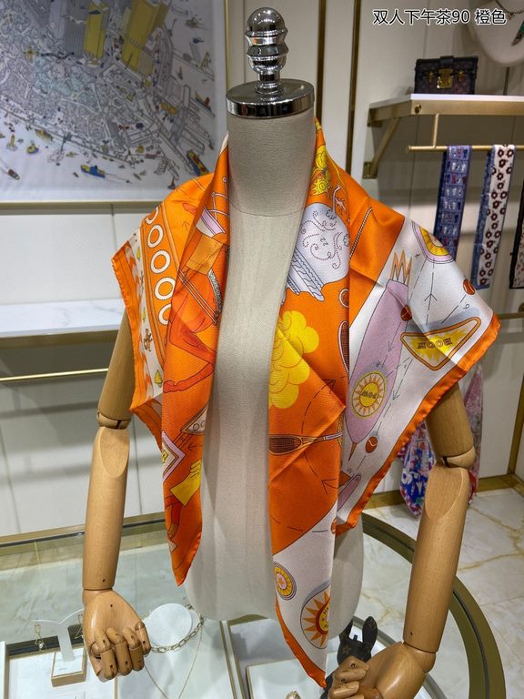 Silk new   bought said good-looking   recommended   [afternoon tea for two 90] silk square scarf, top craftsmanship value   Hermes counter models     three-dimensional presentation of the pattern pattern in kind grade is