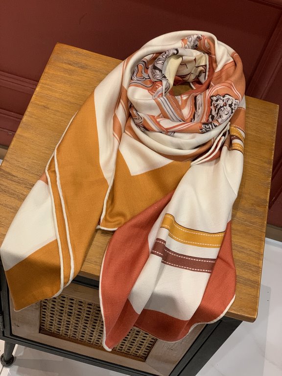 New models are said to look good Hermes silk cashmere square scarf, gorgeous bridle, 140  140cm, double-sided same color printing, high-end heavyweight silk cashmere fabric, front and back effects of the same, 70% cashme