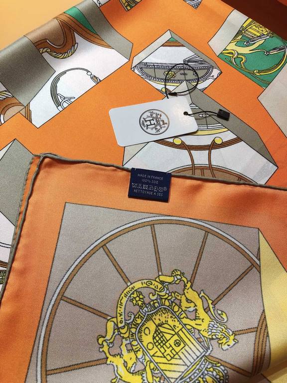 SHMS2326 ORIGINAL HERMES [JUMPING SPRINGS] 90cm Silk Square Scarf  This is a bold interpretation of the classic spring motif, with all the decorative details of the carriage - bees, Knights of the Grand Cross of the Legi