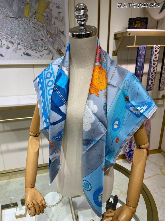 Silk new   bought said good-looking   recommended   [afternoon tea for two 90] silk square scarf, top craftsmanship value   Hermes counter models     three-dimensional presentation of the pattern pattern in kind grade is