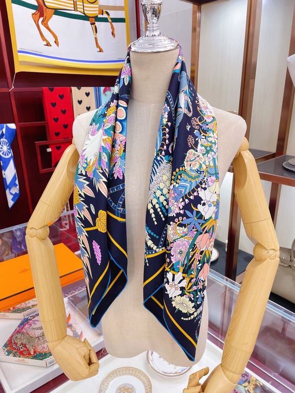 Silk new    Buy all say good-looking   Recommended  [The King of Four Seasons 90] Silk Square Scarf, the top craft super value   Hermes counter pop-ups    three-dimensional rendering of the pattern pattern in kind grade 