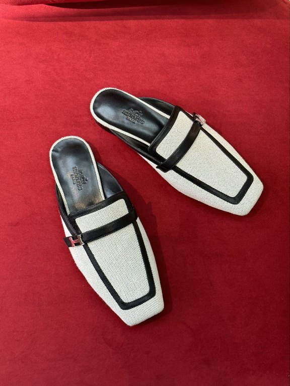 Top qualityherme...ss23 new arrival～!H's SpringSummer 2023 Square Toe Half Flip Flops Wrapped feeling is very good, full of comfort   looks like a showy and stretchy foot! Leather trim, exquisite details, handsome and ve